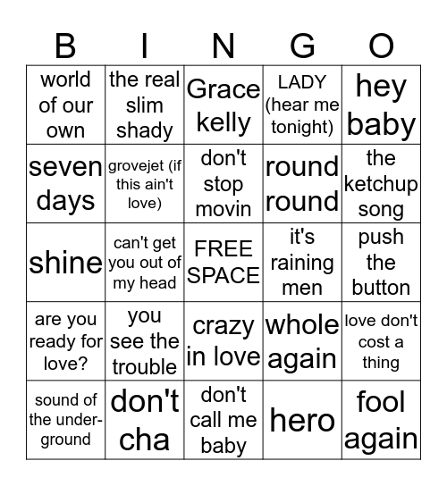 pennyhill music bingo 00'S NO1S! Bingo Card