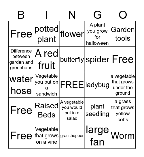 Garden and Greenhouse Bingo Card