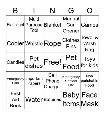 EMERGENCY KIT ITEMS Bingo Card