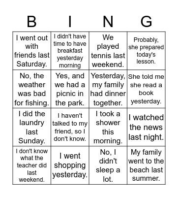 Past Tense Bingo Card