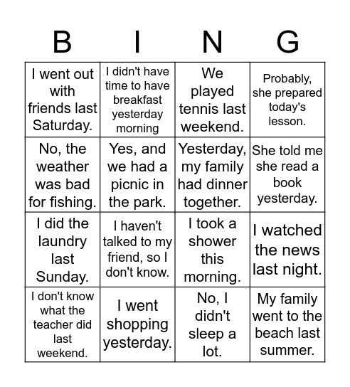 Past Tense Bingo Card
