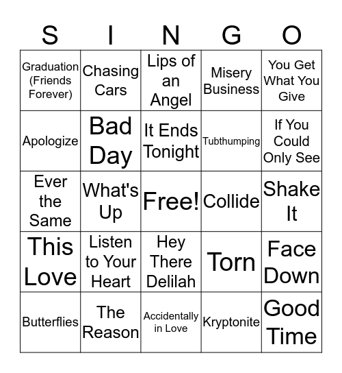 One Hit Wonders Bingo Card