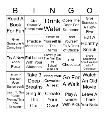 Teacher Self Care Bucket List Bingo Card