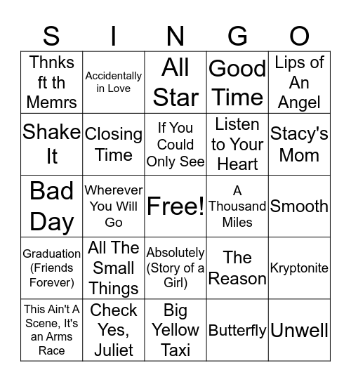 One Hit Wonders Bingo Card