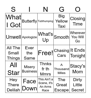 One Hit Wonders Bingo Card