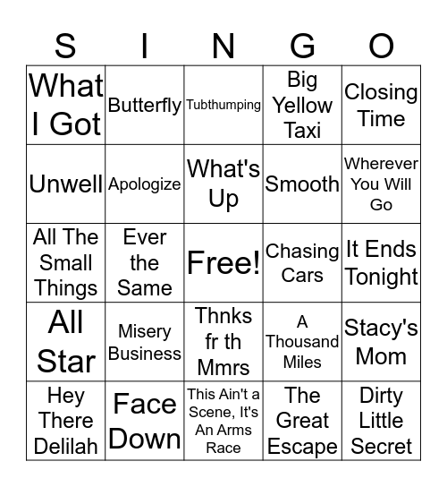 One Hit Wonders Bingo Card