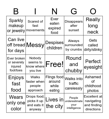Being actually a pigeon bingo Card