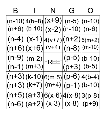 Factoring Trinomials Bingo! Bingo Card
