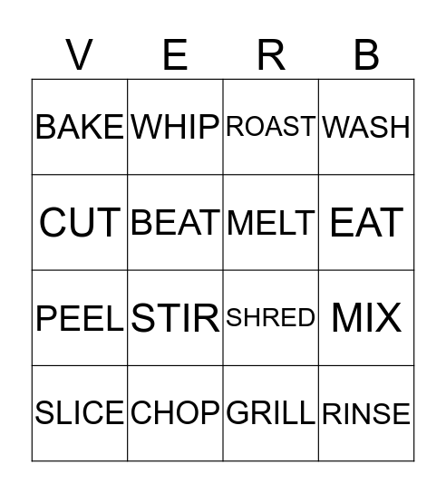 COOKING VERBS Bingo Card