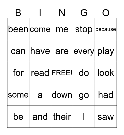 Sight Words Bingo Card