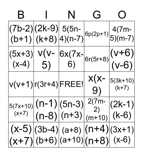 Mixed Factoring Bingo! Bingo Card