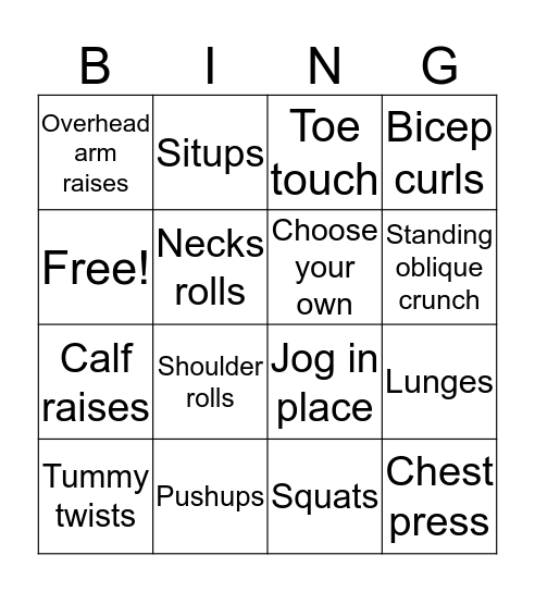 Fitness Bingo Card