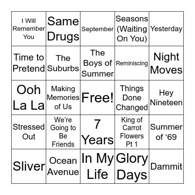 Nostalgic Songs Bingo Card