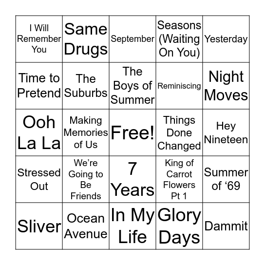 Nostalgic Songs Bingo Card