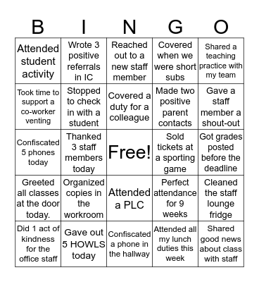 Staff Bingo 19-20 Bingo Card