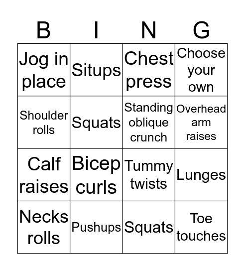 Fitness Bingo Card