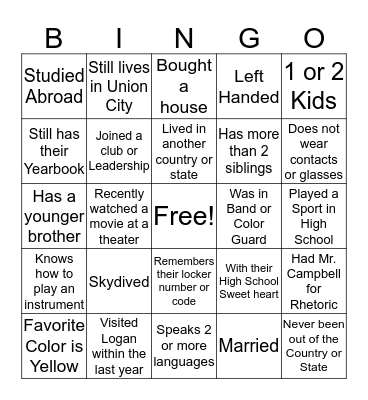 JLHS Class of 2009 Ten Year Reunion  Bingo Card