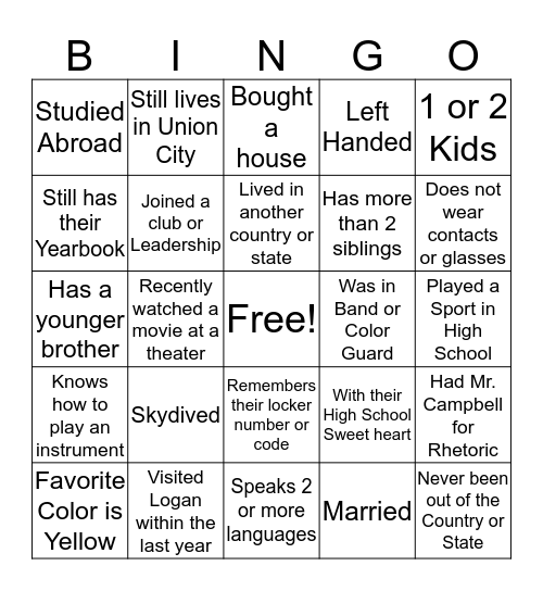 JLHS Class of 2009 Ten Year Reunion  Bingo Card