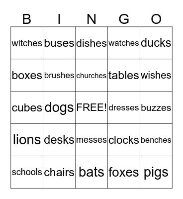 Plural Nouns Bingo  Bingo Card