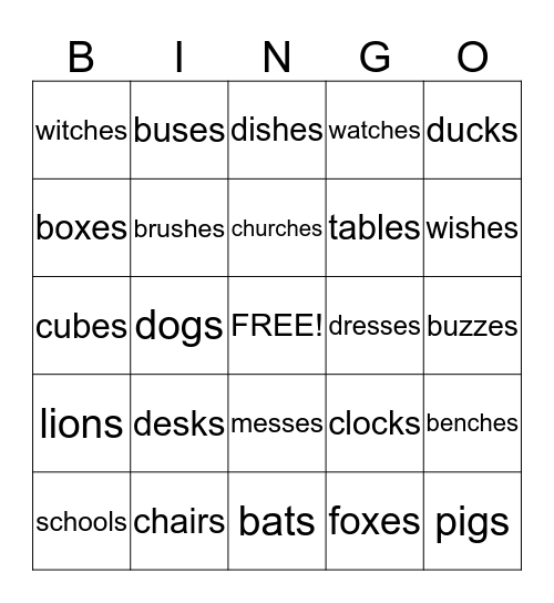 Plural Nouns Bingo  Bingo Card