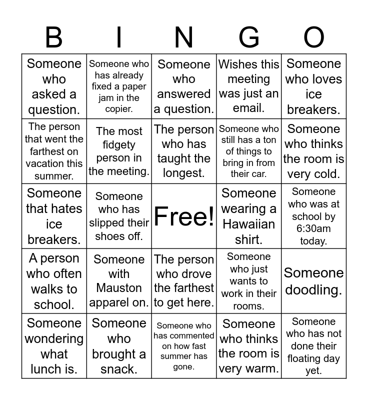 Inservice Bingo Card