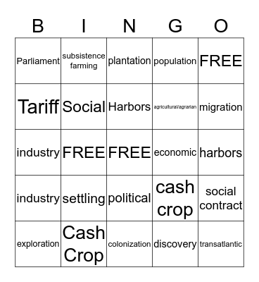 Unit 1 Vocabulary Bingo Card