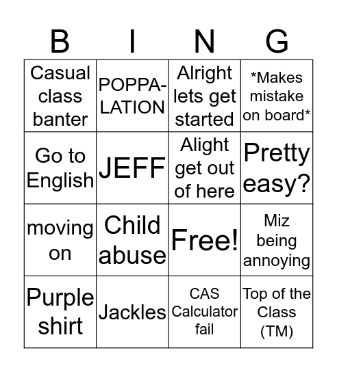 Jeff Bingo Card