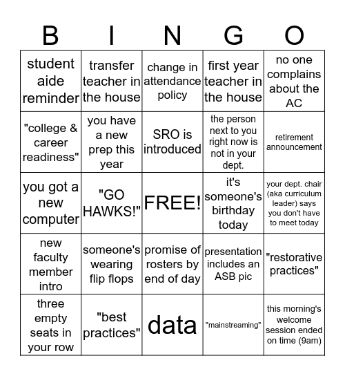 Faculty Meeting BINGO Card