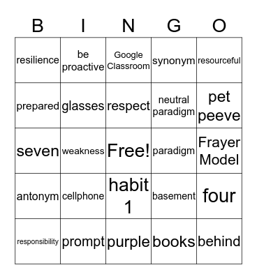 Vocabulary Bingo Card