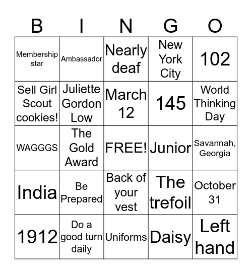 Girl Scout Trivia Bingo Card