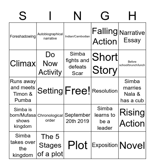 Mr. Singh's Bingo Game Bingo Card