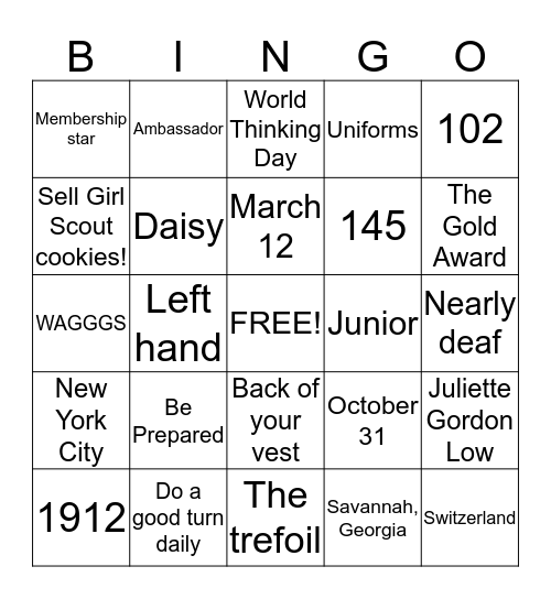 Girl Scout Trivia Bingo Card