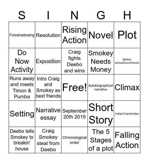 Mr. Singh's Bingo Game Bingo Card