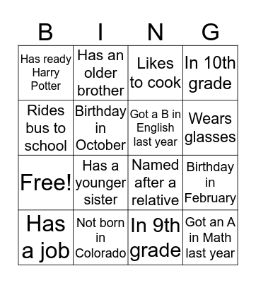 Yearbook Bingo Card