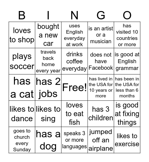 Getting To Know You ESL Level 3 Bingo Card