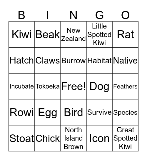 Kiwi Bingo Card