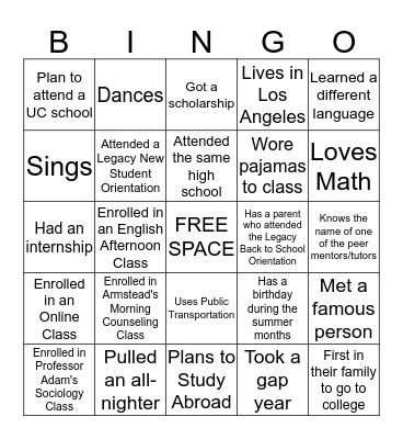 College Bingo Card