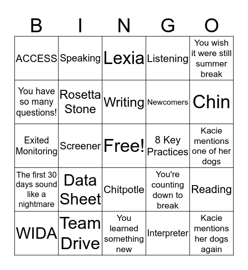 EL Staff Meeting Bingo Card