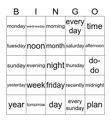 Days/Time Bingo Card