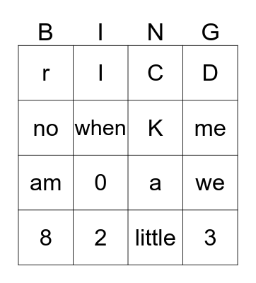 Sight Words Bingo Card
