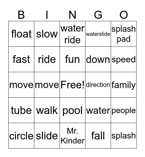 Fast, Slow, Up and Down in the Water Bingo Card