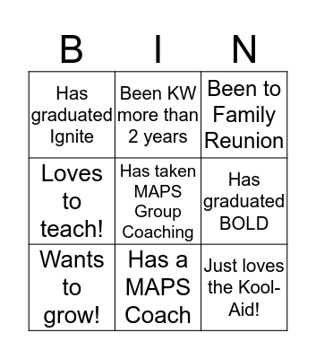 KW Family Bingo Card
