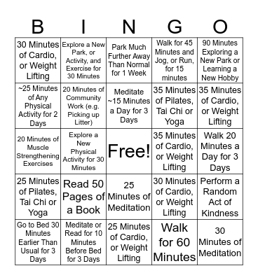 Mental and Physical Fitness Bingo Card