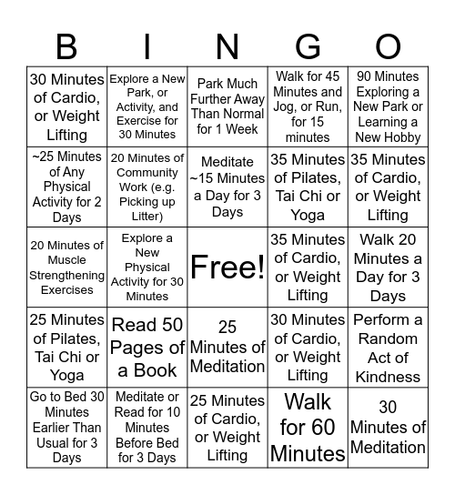 Mental and Physical Fitness Bingo Card