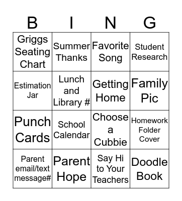 Grade 4 BMU Open House BINGO Card