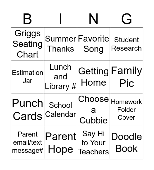 Grade 4 BMU Open House BINGO Card