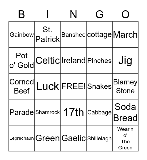 St. Patrick's Day Bingo Card