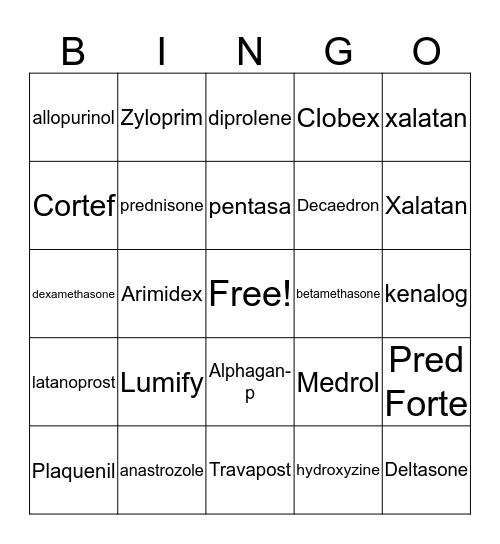 Brand/Generic  Bingo Card