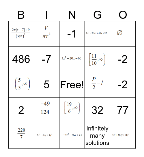 Algebra Flashback Bingo Review Bingo Card