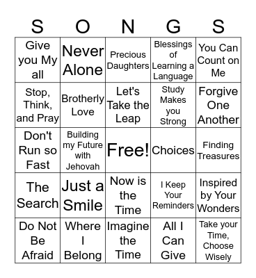 Original Songs Bingo Card